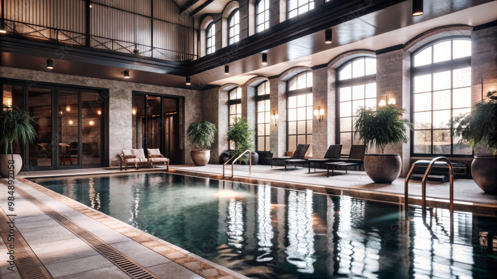 Luxurious indoor swimming pool in hotel with large windows, elegant seating, and lush plants creating serene atmosphere. Perfect for relaxation and leisure Luxurious indoor swimming pool in hotel with large windows, elegant seating, and lush plants creating serene atmosphere. Perfect for relaxation and leisure