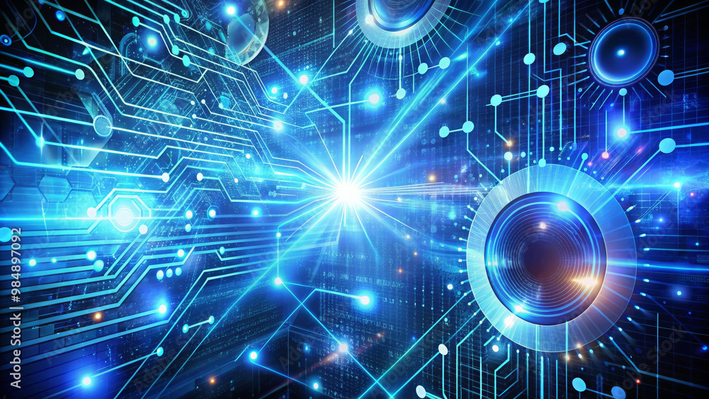 A vibrant tech background featuring intricate circuit patterns, glowing orbs, and dynamic light effects, creating futuristic and energetic atmosphere A vibrant tech background featuring intricate circuit patterns, glowing orbs, and dynamic light effects, creating futuristic and energetic atmosphere