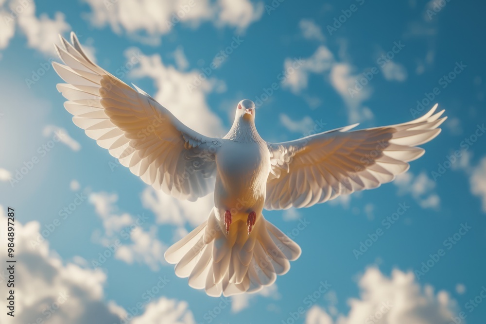 Fototapeta premium Dove Soaring with Wings Open in Blue Sky