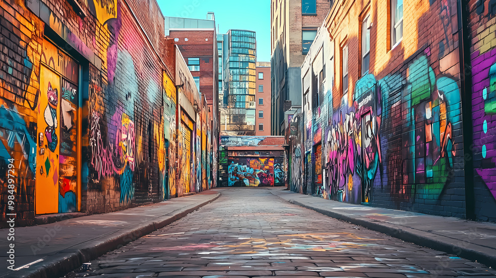Fototapeta premium Urban street art and graffiti, colorful alleyway exploration, city culture and vibe. Graffiti Alley. Illustration
