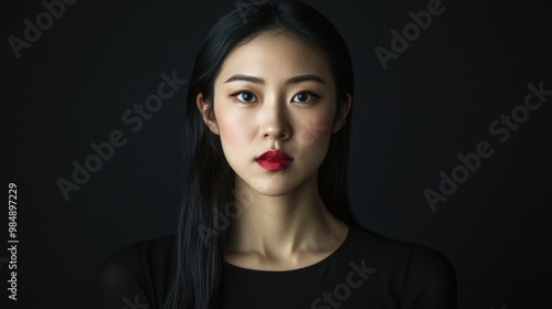 Close-up Portrait of a Young Woman with Dark Hair and Red Lips Against a Black Background