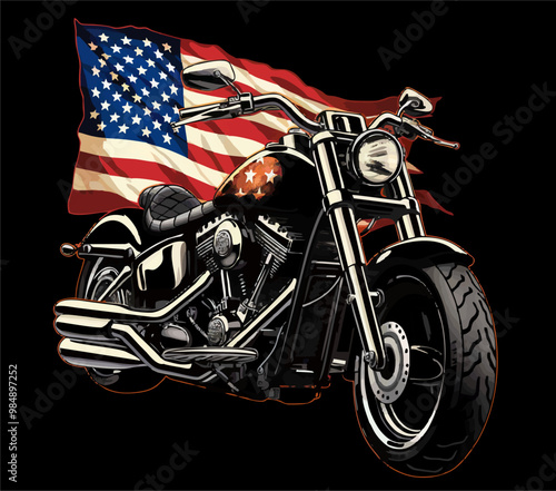 Vector design for t-shirt.  Biker motorcycle
with american flag on black background. 
Fashionable print for fabric, paper, men clothing,
hoodie, biker jacket.
