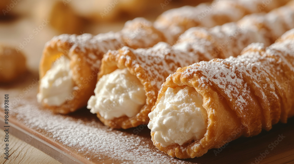 Close-up of cannoli topped with powdered sugar on wooden board Close-up of cannoli topped with powdered sugar on wooden board