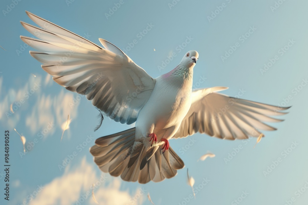 Obraz premium Dove Soaring with Wings Open in Blue Sky