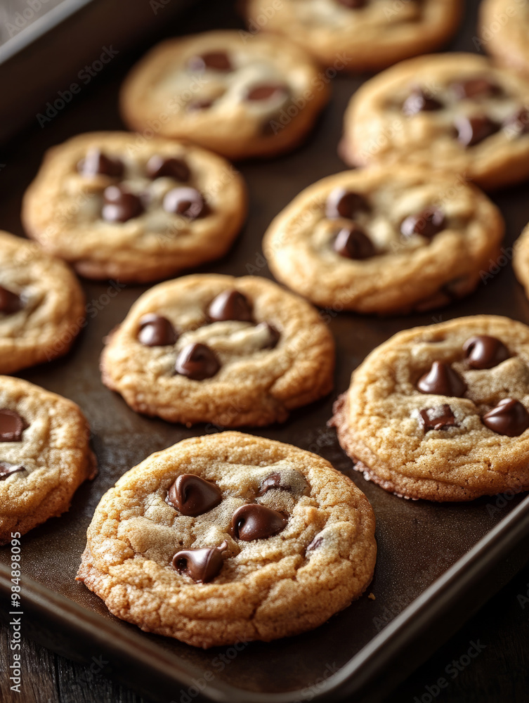 Freshly baked homemade chocolate chip cookies on a baking tray Freshly baked homemade chocolate chip cookies on a baking tray