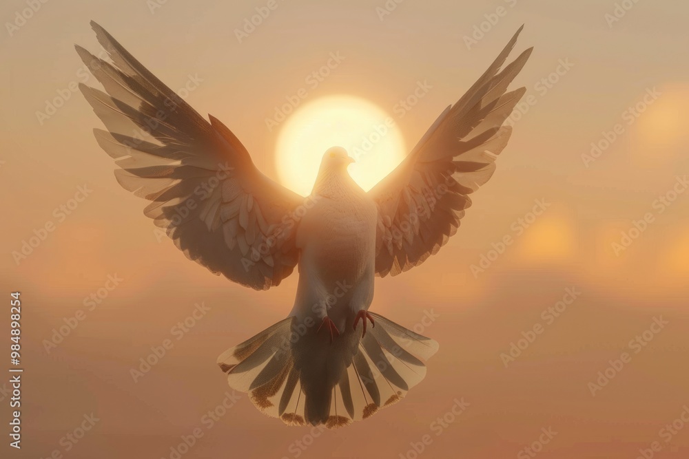 Obraz premium Dove flying with wings open in front of the sun.