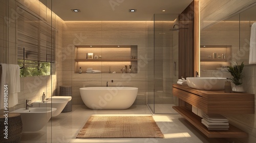 A modern bathroom design with wooden accents, minimalist styling, and a light background, reflecting luxury in a home or hotel setting. 3D rendering photo