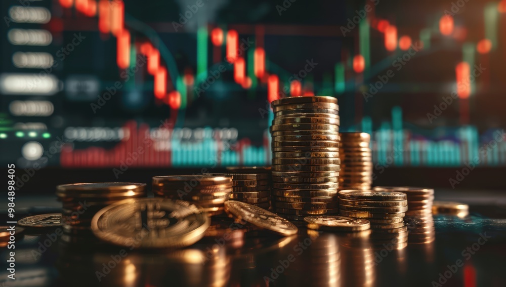 Stack of gold coins with a trading graph, symbolizing financial investment Stack of gold coins with a trading graph, symbolizing financial investment