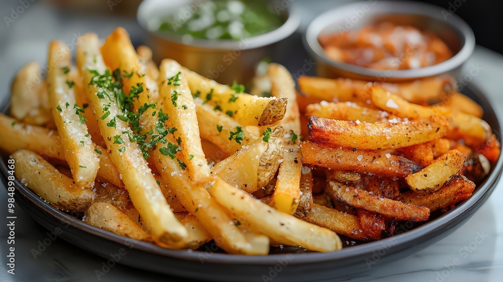 plate of golden fries served with dipping sauces, seasoned with herbs, creating a savory and delicious snack experience. plate of golden fries served with dipping sauces, seasoned with herbs, creating a savory and delicious snack experience.