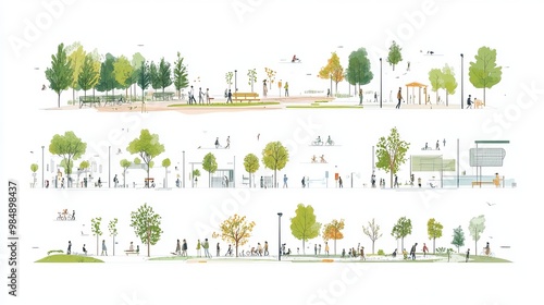 A set of vector architectural drawings depicting people in an outdoor park, rendered in a minimal hand-drawn style for use in sections, elevations, and floor plans photo