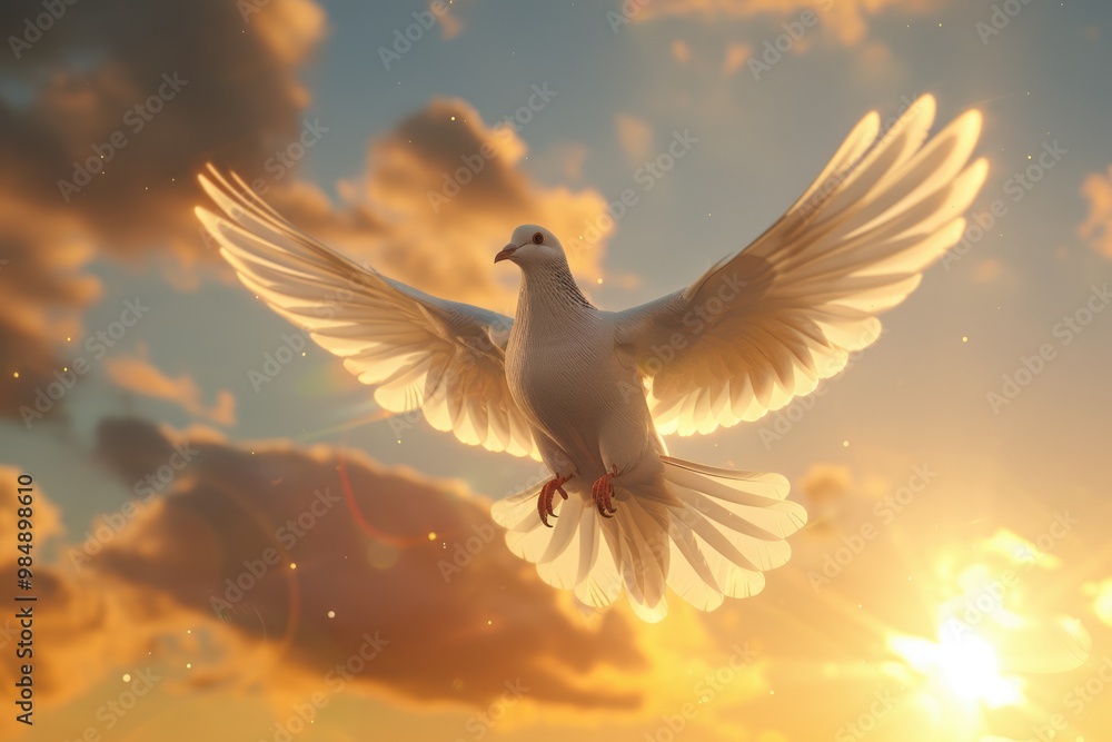 Dove flying with wings open in front of the sun. Dove flying with wings open in front of the sun.
