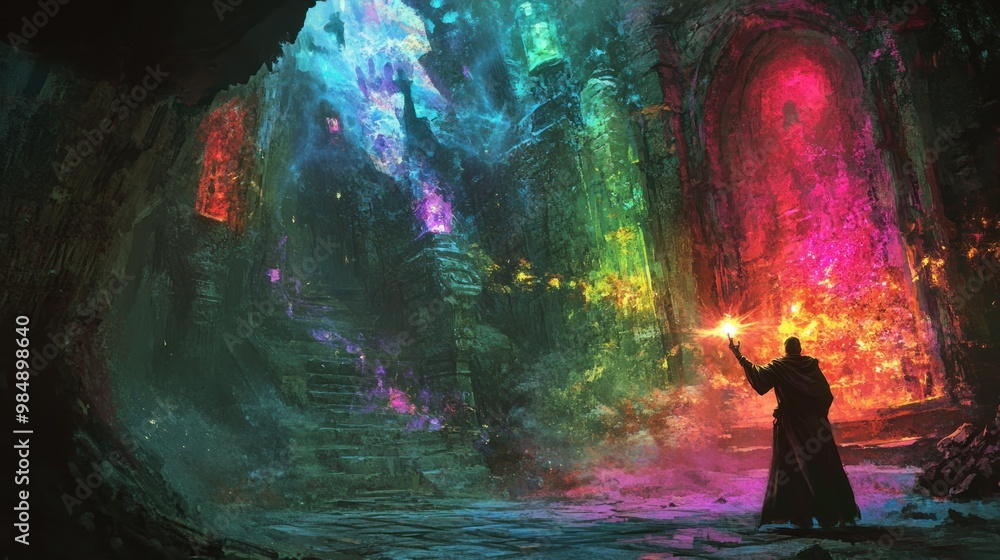 A lone figure stands before a glowing portal in a mystical cave. A lone figure stands before a glowing portal in a mystical cave.