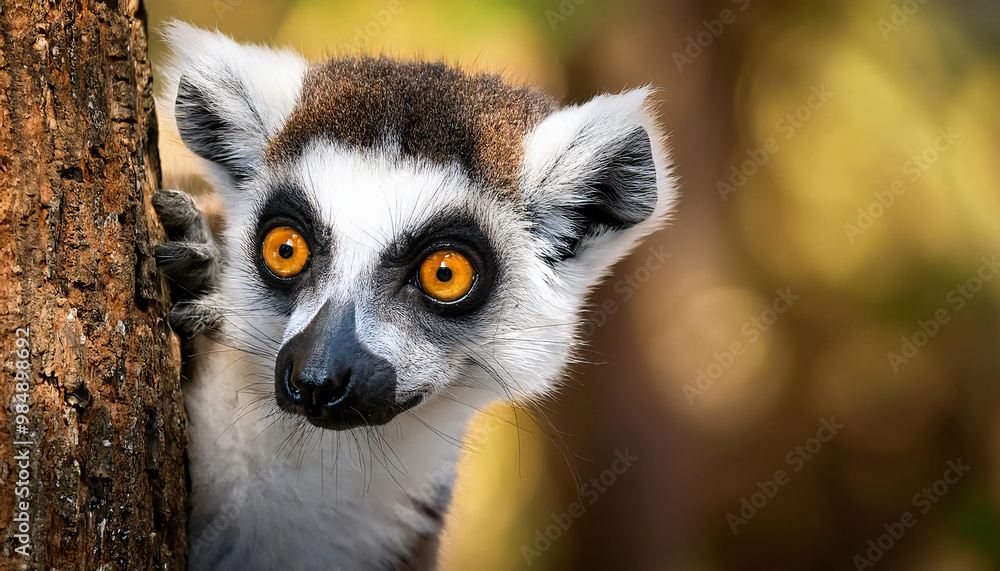 Obraz premium Curious Lemur Catta peeking from behind a tree 