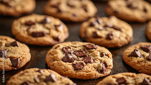 Freshly baked chocolate chip cookies on a rustic baking sheet.