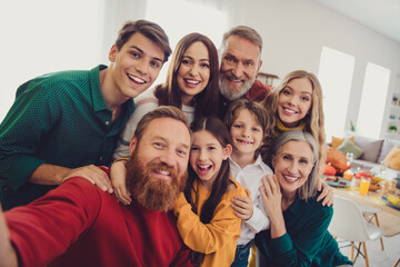 Photo of big family take selfie photo celebrate holiday dinner multi-generation relatives living room weekend