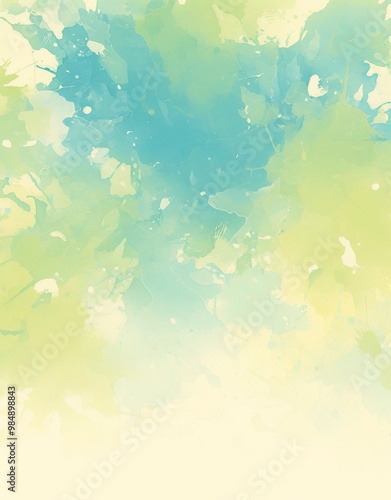 Abstract Watercolor Background with Pastel Green and Blue Colors: Soft Blurred Strokes and White Space for Design Elements.