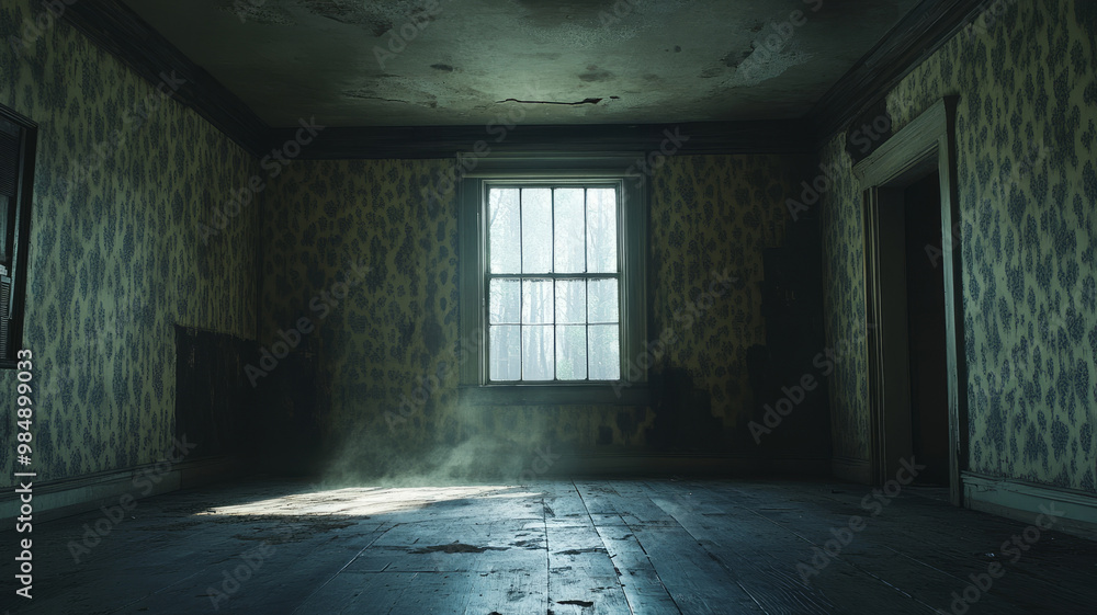 An abandoned, eerie room with dim lighting and decaying walls. An abandoned, eerie room with dim lighting and decaying walls.
