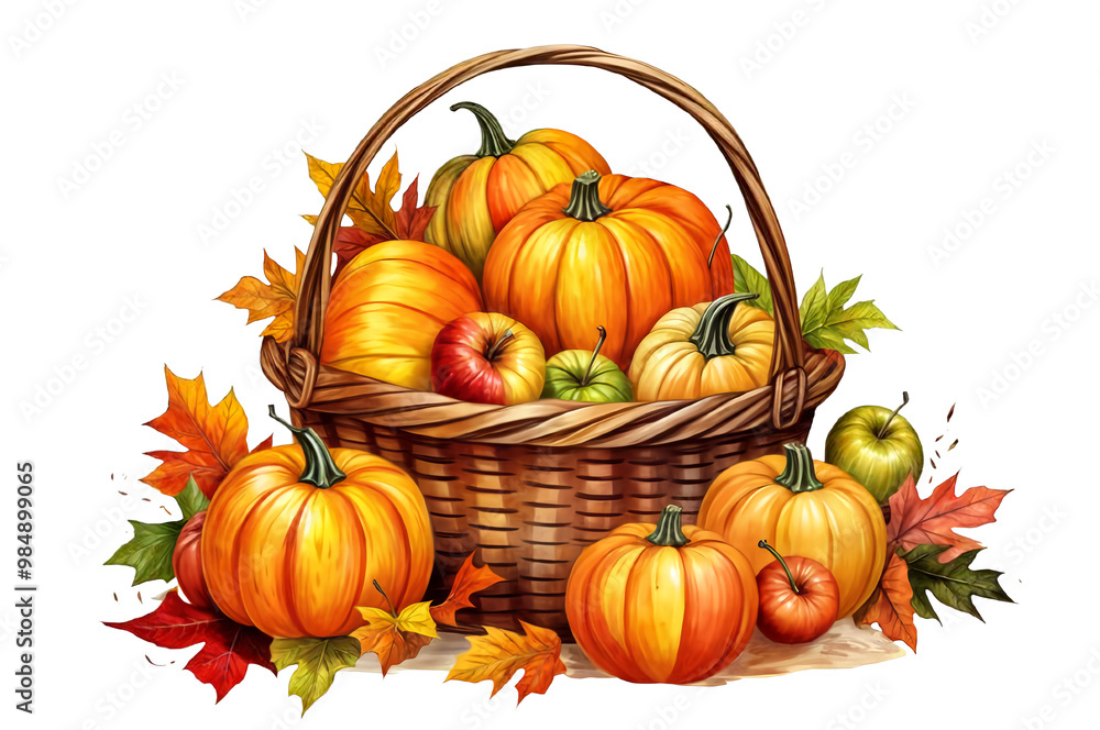 woven basket full of bright pumpkins and apples, symbolizing Thanksgiving, set against a white background, creating a simple yet vibrant illustration woven basket full of bright pumpkins and apples, symbolizing Thanksgiving, set against a white background, creating a simple yet vibrant illustration