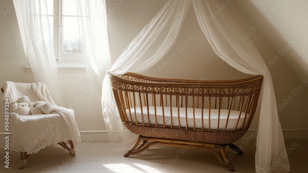 Serene, minimalist baby nursery with wooden crib and white canopy. Soft light filters through window, creating peaceful, airy atmosphere perfect for rest. Serene, minimalist baby nursery with wooden crib and white canopy. Soft light filters through window, creating peaceful, airy atmosphere perfect for rest.