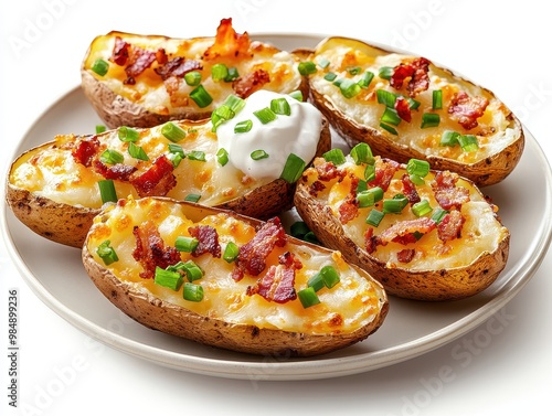 Delicious loaded baked potatoes topped with cheese, bacon, and green onions, served on a white plate with sour cream, white background