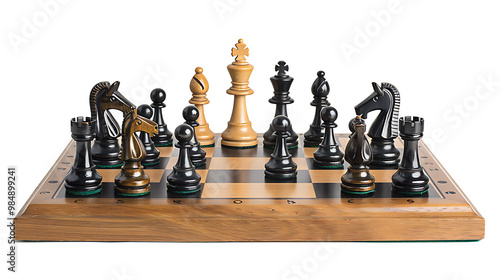 Detailed chessboard with pieces arranged for a game, isolated on a white background