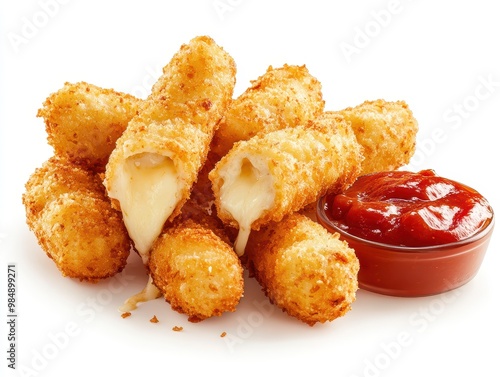 Delicious mozzarella sticks, perfectly golden and crispy, served with a side of rich marinara sauce for dipping, white background