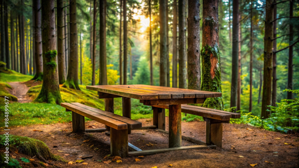 A wooden table in serene forest setting surrounded by tall trees and soft sunlight filtering through leaves creates peaceful atmosphere A wooden table in serene forest setting surrounded by tall trees and soft sunlight filtering through leaves creates peaceful atmosphere