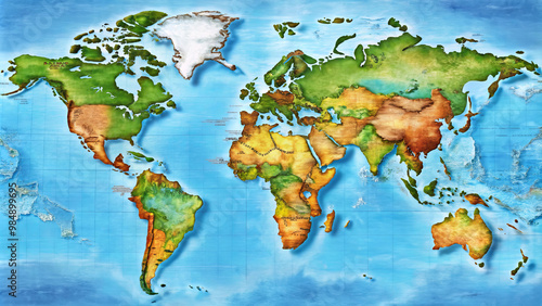 A detailed world map showcasing various continents and countries, highlighting geographical features and colors. This vibrant illustration serves as perfect educational tool for geography enthusiasts