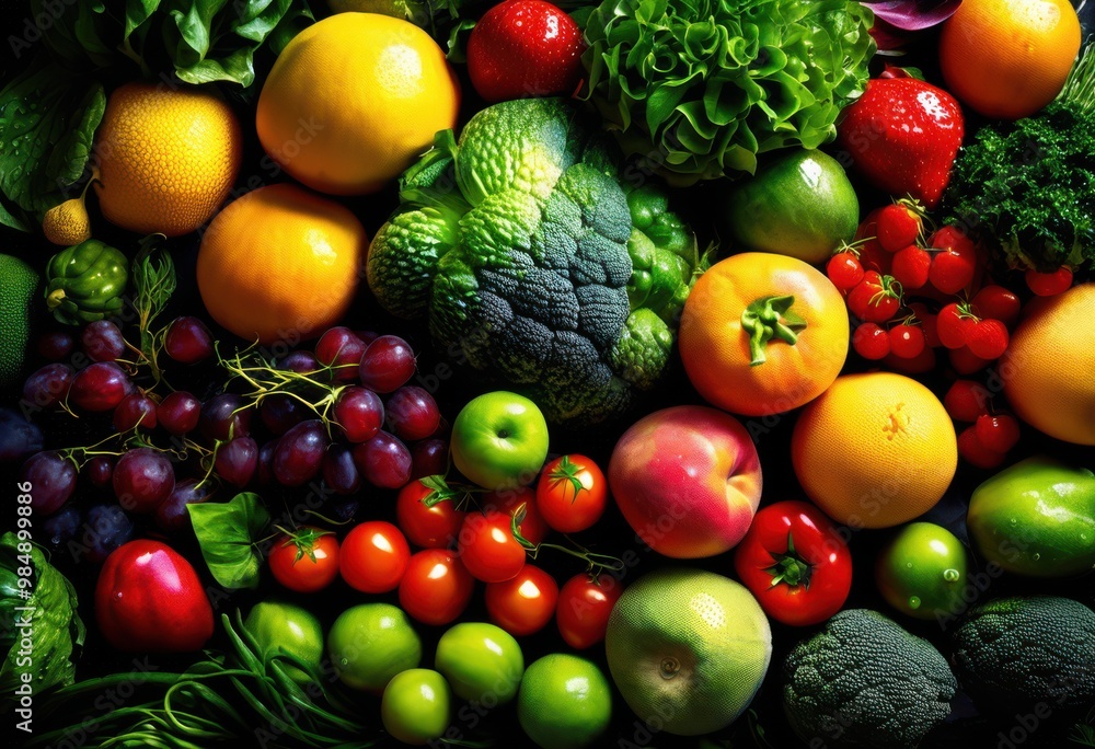 vibrant close displaying colorful fresh fruits vegetables rich textures diverse shapes, organic, healthy, ripe, juicy, assorted, harvest, market, colors vibrant close displaying colorful fresh fruits vegetables rich textures diverse shapes, organic, healthy, ripe, juicy, assorted, harvest, market, colors