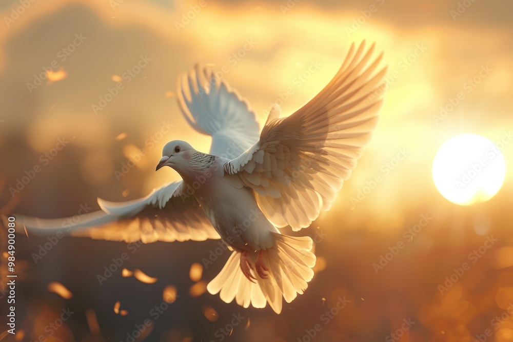 Dove flying with wings open in front of the sun. Dove flying with wings open in front of the sun.