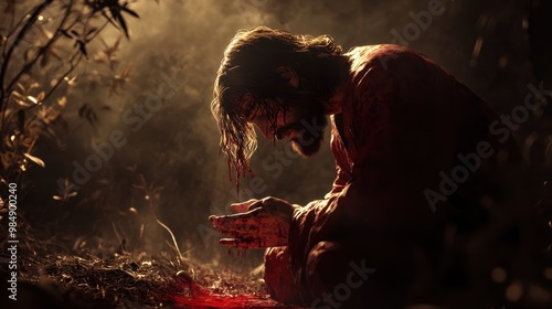 Imagination of Christ in the Garden of Gethsemane, praying earnestly as drops of blood fall to the ground, capturing the profound anguish before his arrest. Generative Ai.