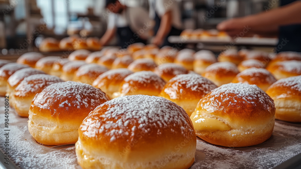 Freshly baked doughnuts with powdered sugar in a bakery. Freshly baked doughnuts with powdered sugar in a bakery.