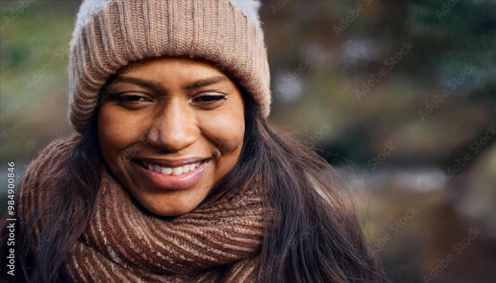 Person in a wool hat and thick scarf smiling in cold weather Person in a wool hat and thick scarf smiling in cold weather