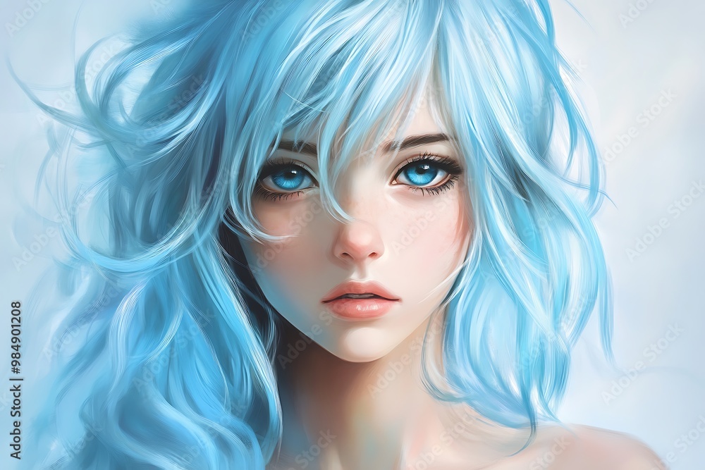 Anime girl with blue hair and eyes, digital illustration Anime girl with blue hair and eyes, digital illustration