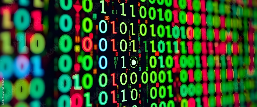 The screen’s vibrant colors and the detailed textures screen displaying abstract Binary code is just 0 and 1, no other numbers. The screen’s vibrant colors and the detailed textures screen displaying abstract Binary code is just 0 and 1, no other numbers.