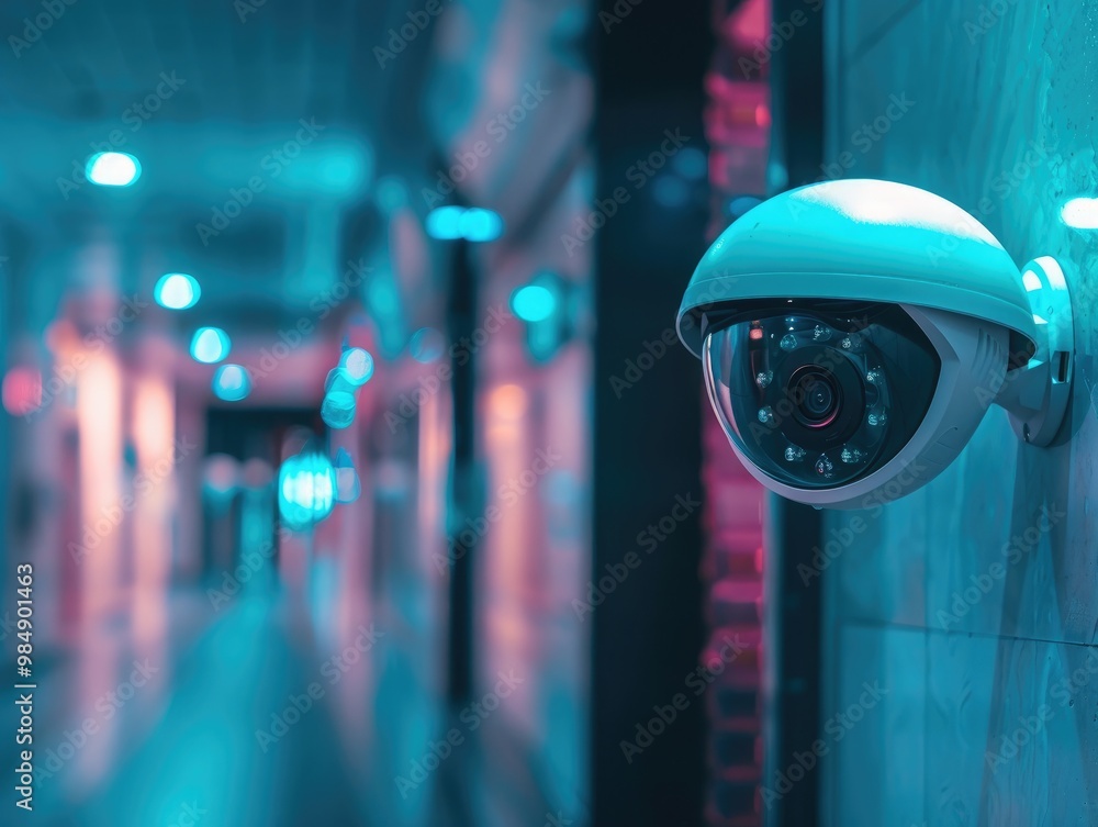 Close-up of a Security Surveillance Camera Overlooking a Busy City Street with Blurred Evening Traffic Lights in the Background, Concept of Urban Safety and Monitoring Close-up of a Security Surveillance Camera Overlooking a Busy City Street with Blurred Evening Traffic Lights in the Background, Concept of Urban Safety and Monitoring