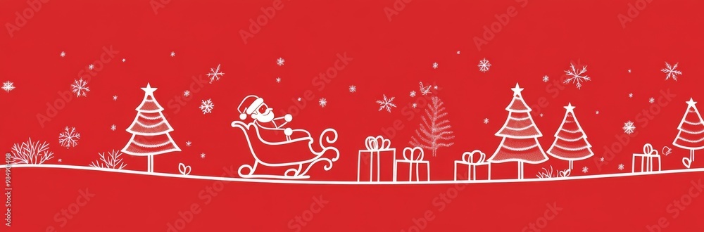Naklejka premium Minimalistic Christmas Card Background in Red Featuring White Outline of Christmas Trees, Presents, and Santa Claus in Sleigh