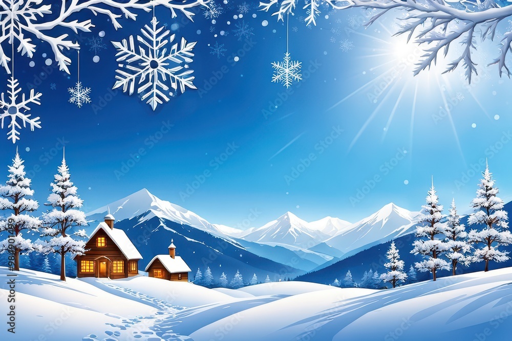 Fototapeta premium A serene winter landscape featuring a cozy cabin, snow-covered trees, and distant mountains under a bright sky.