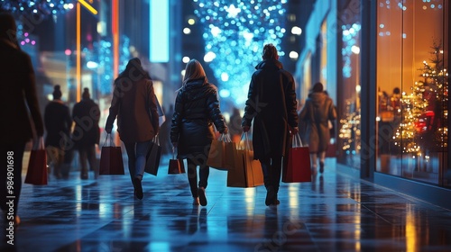 Midnight Black Friday shopping spree, with shoppers wielding shopping bags photo