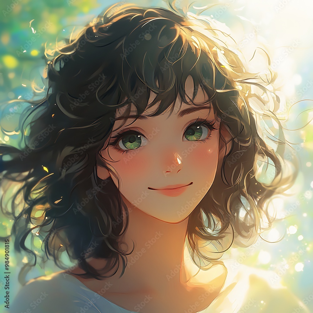 Smiling anime girl with green eyes and curly brown hair in sunlight Smiling anime girl with green eyes and curly brown hair in sunlight