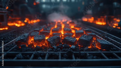 Hot coals glowing intensely in an industrial furnace.