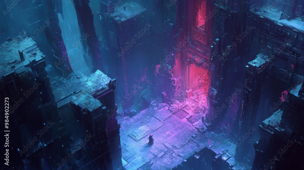A Solitary Figure Walks Through an Eerie, Futuristic, Glowing, Neon-Lit Cityscape A Solitary Figure Walks Through an Eerie, Futuristic, Glowing, Neon-Lit Cityscape