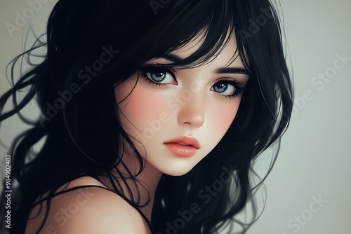 Anime girl portrait with long black hair and green eyes