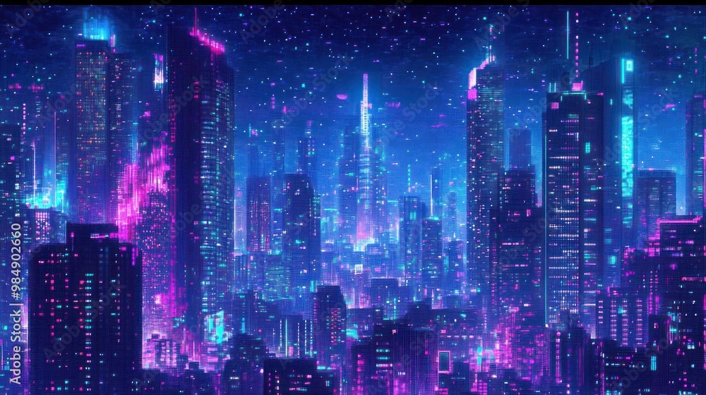 A Nighttime View of a Neon-Lit Cityscape with a Digital Grid Overlay A Nighttime View of a Neon-Lit Cityscape with a Digital Grid Overlay