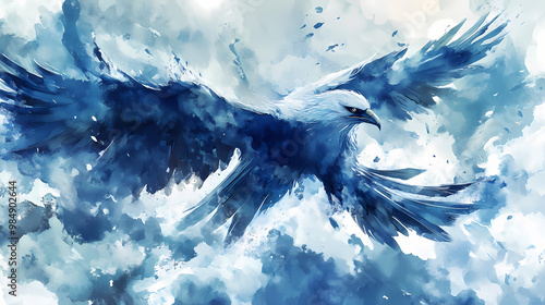 Thunderbird stormcaller watercolor illustration - generative ai. blue, white, thunderbird, storm, cloud. Thunderbird. Illustration photo