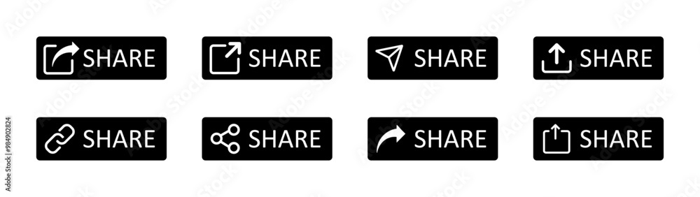 Share button vector icon set in black and white color. Set of share icons. Share button collection. Vector illustration. Share button vector icon set in black and white color. Set of share icons. Share button collection. Vector illustration.