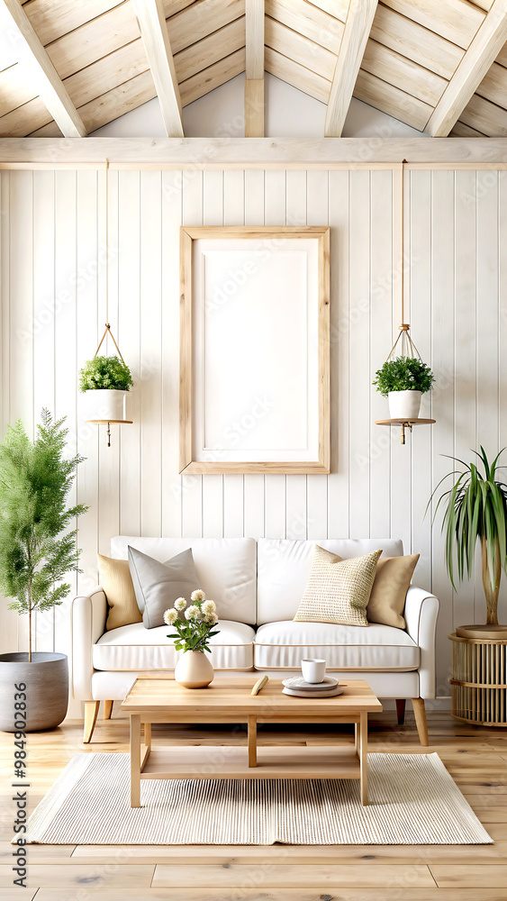 Fototapeta premium Mockup frame in farmhouse living room interior, 3d render, white Mock up