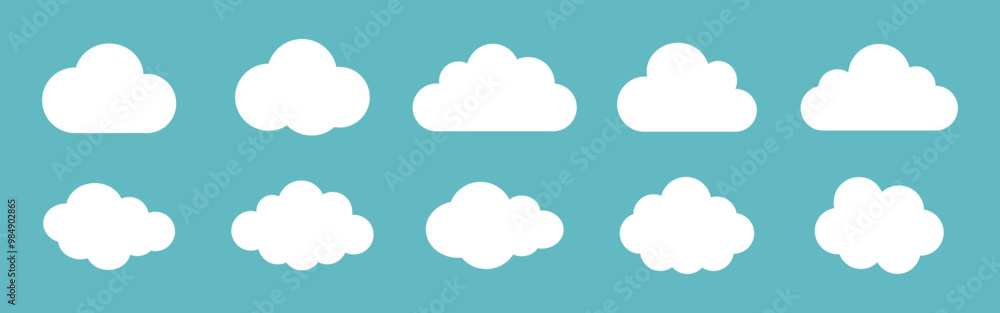 Vector illustration of the clouds set on blue background. Clouds collection. White cloudy set isolated on blue background. White clouds of different shapes. Collection of different white clouds. Vector illustration of the clouds set on blue background. Clouds collection. White cloudy set isolated on blue background. White clouds of different shapes. Collection of different white clouds.