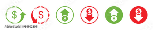 Dollar price up and down icon line style. Dollar coin graph up and down. Money cost arrow growth, decline. Currency investment. Up and down dollar arrow icon in flat design. Vector icon.