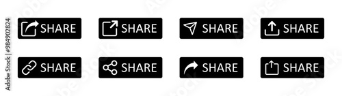 Share button vector icon set in black and white color. Set of share icons. Share button collection. Vector illustration.